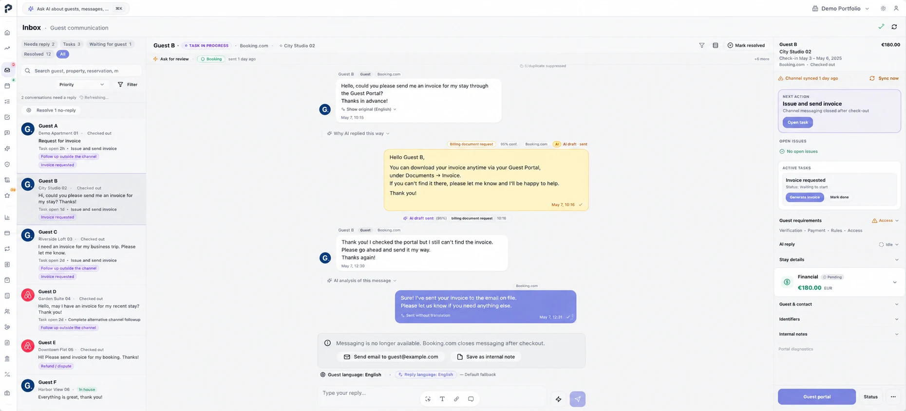 Unified guest inbox in Propertory showing a channel conversation with an AI-drafted invoice reply awaiting approval, reservation context and an open invoice task in the side panel